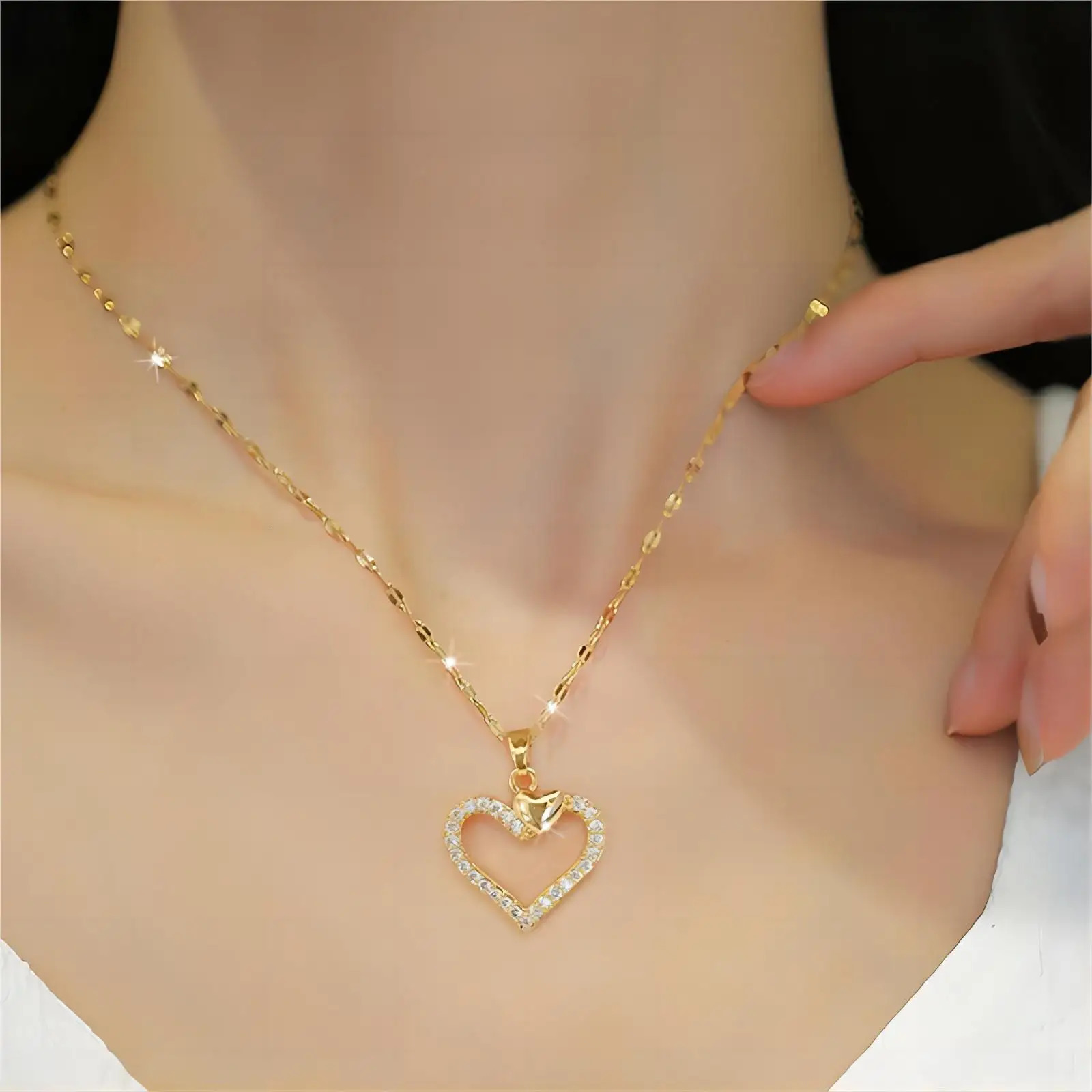 Trendy Heart Stainless Steel Zirconia Necklaces For Women Girls Love Gold Color Metal Necklace Party Birthday Daily Jewelry 250805