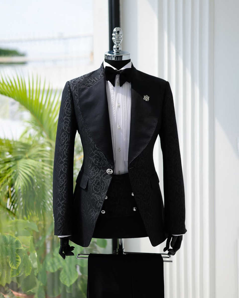 Luxury Beads Jacquard 2 Pieces Men Suits Floral One Button Peaked Lapel Tuxedo Slim Wedding Groom Prom Plus Size Costume Homme Bridegroom Tailor Made 