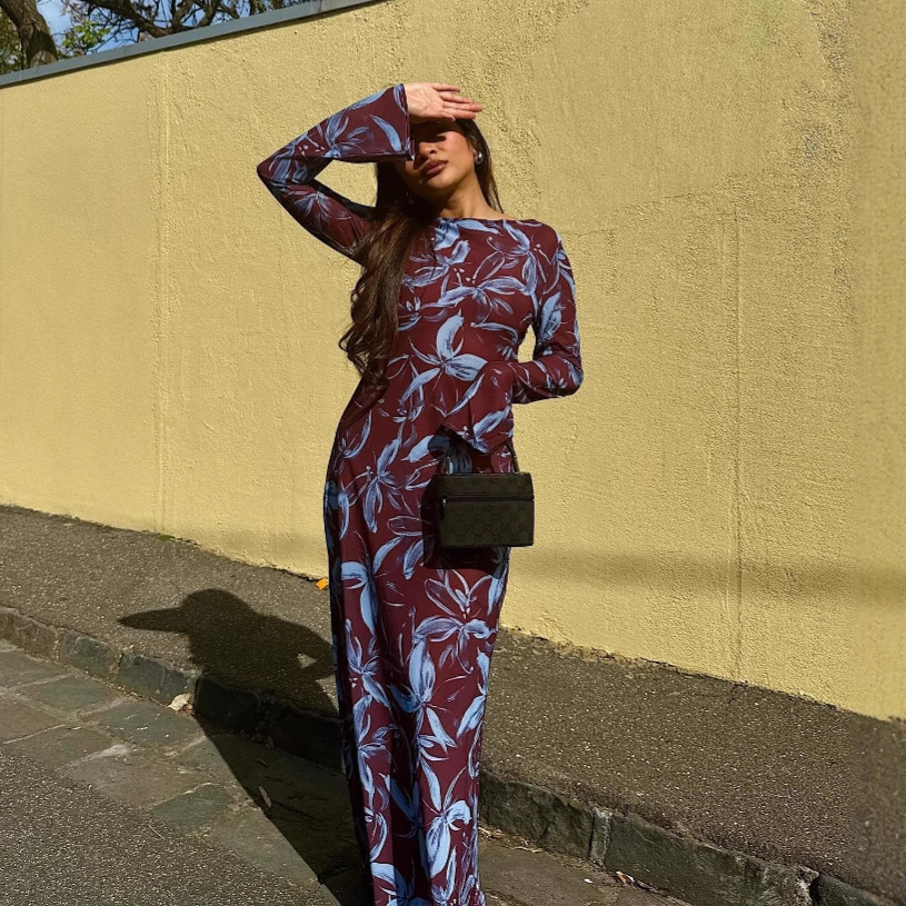 2025 Cross-Border European and American Women's Fashion New Round Neck Elegant Printed Long Floor-Length Slim Dress for Women