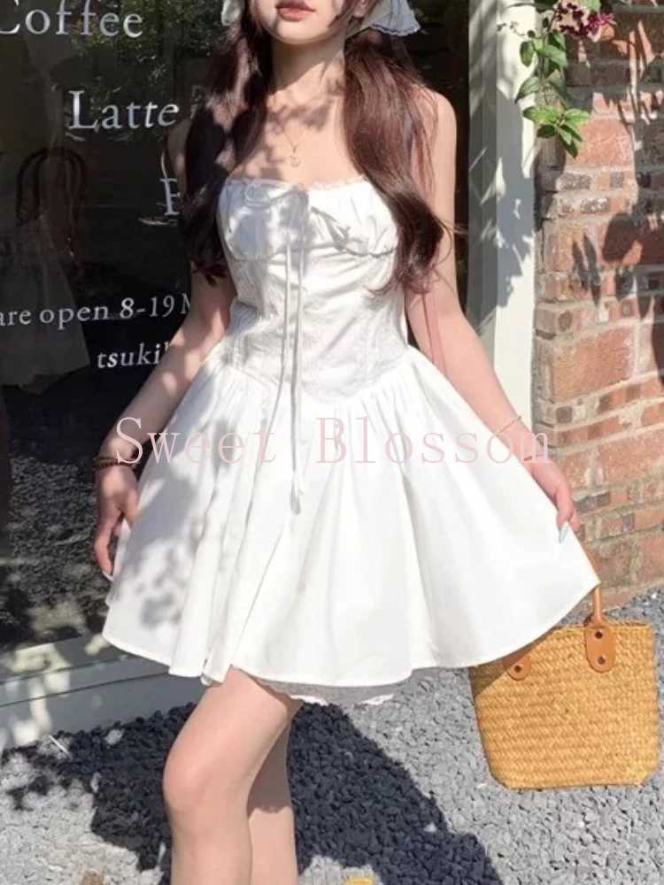 French Elegant Lace Stitching Sweet White Dress Women Summer Aesthetic Slim Kawaii Dresses New Fashion Casual Fluffy Outfit 2025 R250716