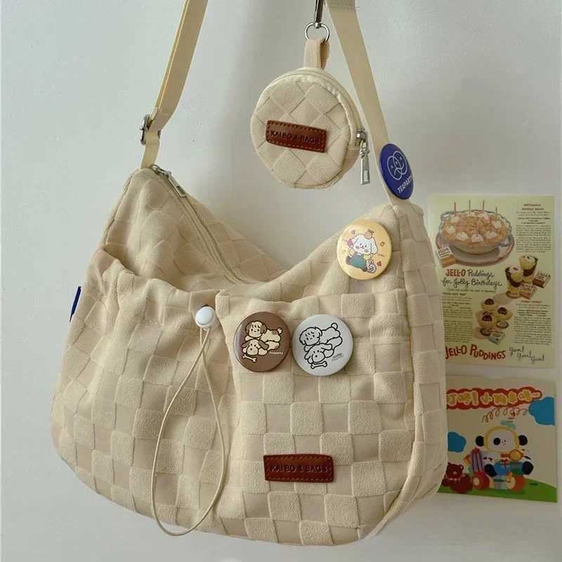 Xiuya Harajuku Style College Crossbody Bag Solid Color Plaid Print Large Capacity Shoulder Bag New Cute Designer Handbag