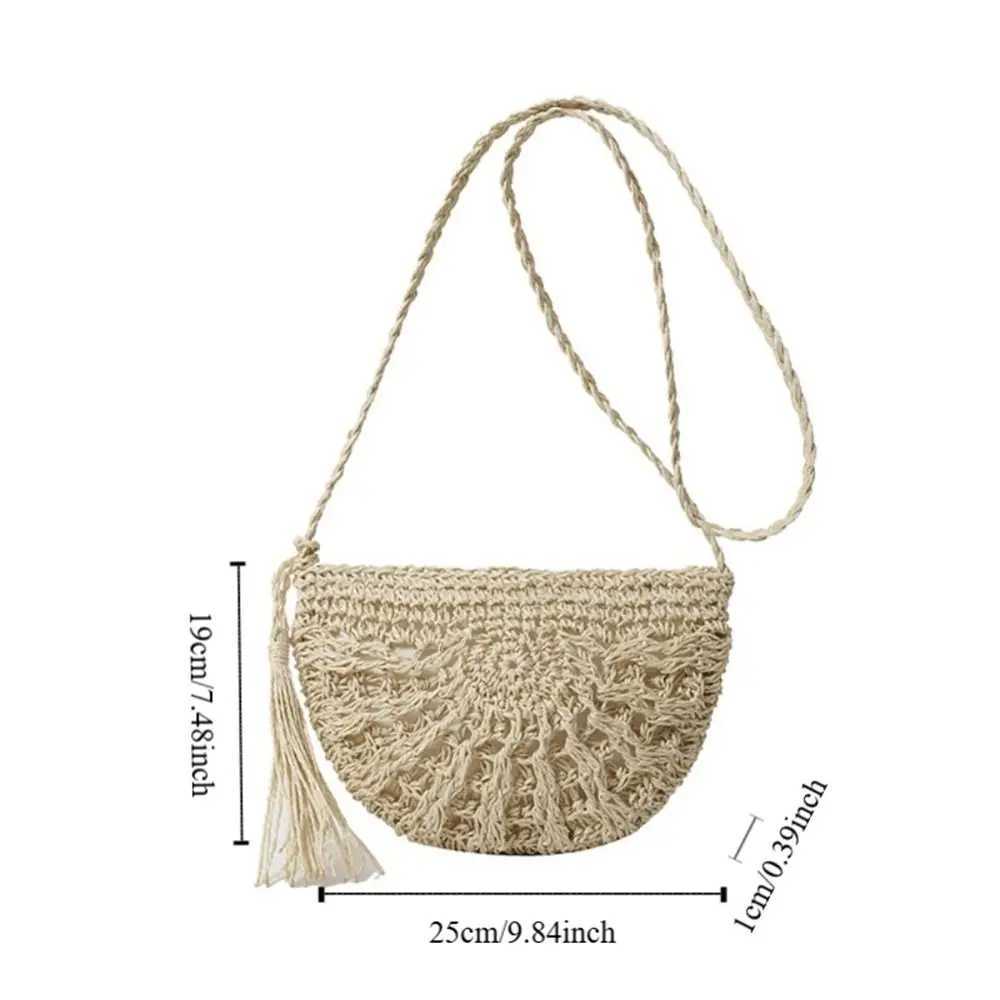 Trendy Half-round Weave Bag Handmade Hollow Woven Shoulder Bag Tassel Boho Womens Crossbody Bag Travel