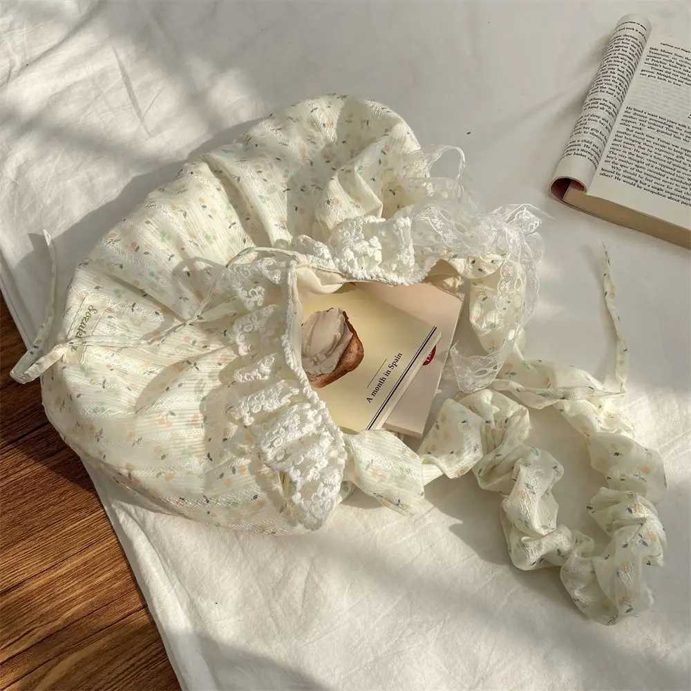 Elegant Sweet Fresh Lace Handbag Bowknot Underarm Bag Floral Pleated Shoulder Bag Pastoral Style Cloth Dumpling Bag Shopping