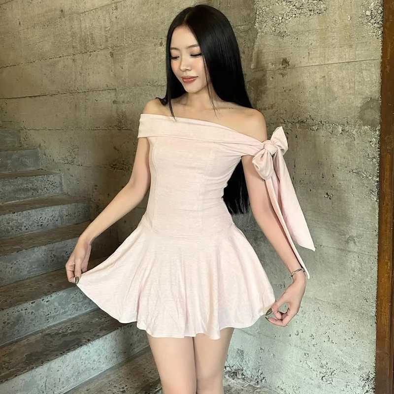 Candyhot Sexy One-Shoulder Bows Sleeveless Solid Color Strapless Mini Dresses Y2K Summer Fashion Casual Daily New Women Dresses R250716