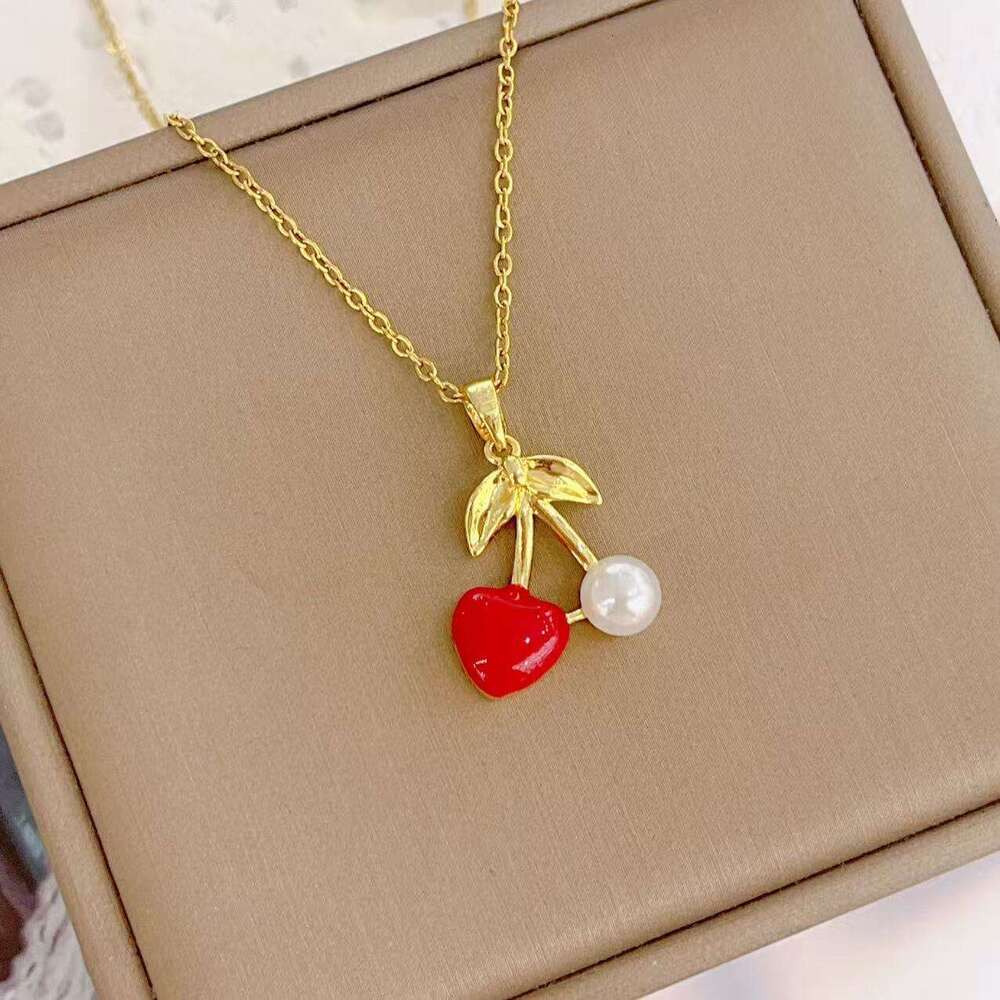 Necklace For Women Copper Inlaid With Zircon Red Cherry Pendant Fashionable Fresh High-End Clavicle Chain Accessory 653