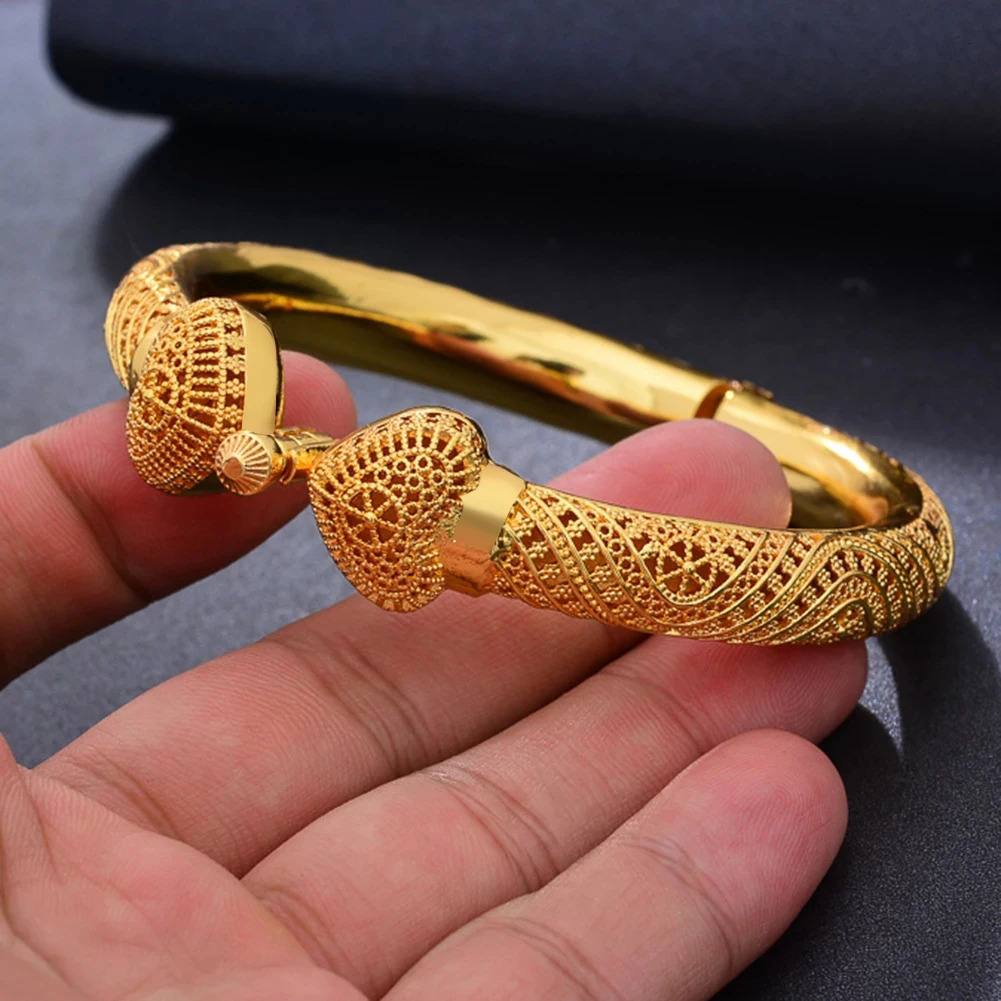 24k Dubai Wedding Gold Color Bangles For Women Girls Heart Bride India Bangles Bracelets Jewelry Gift 250712
