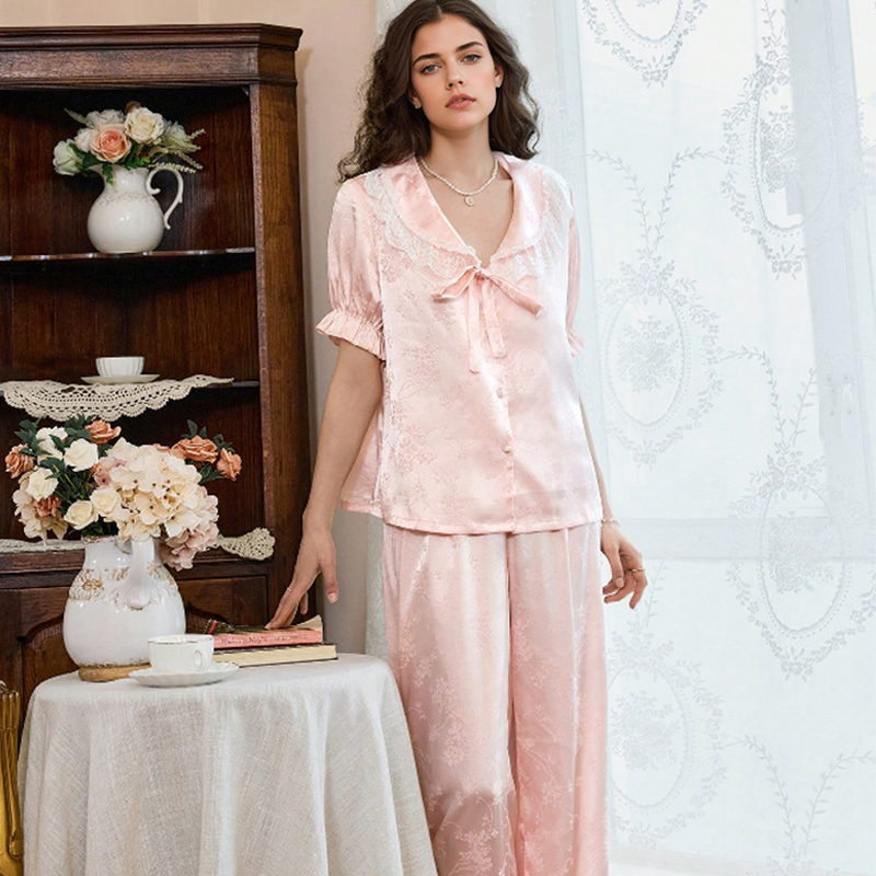 2025 New Women's Spring/Summer Silk Satin Lace Trim Bow Short Sleeve Long Pants Pajama Set Homewear