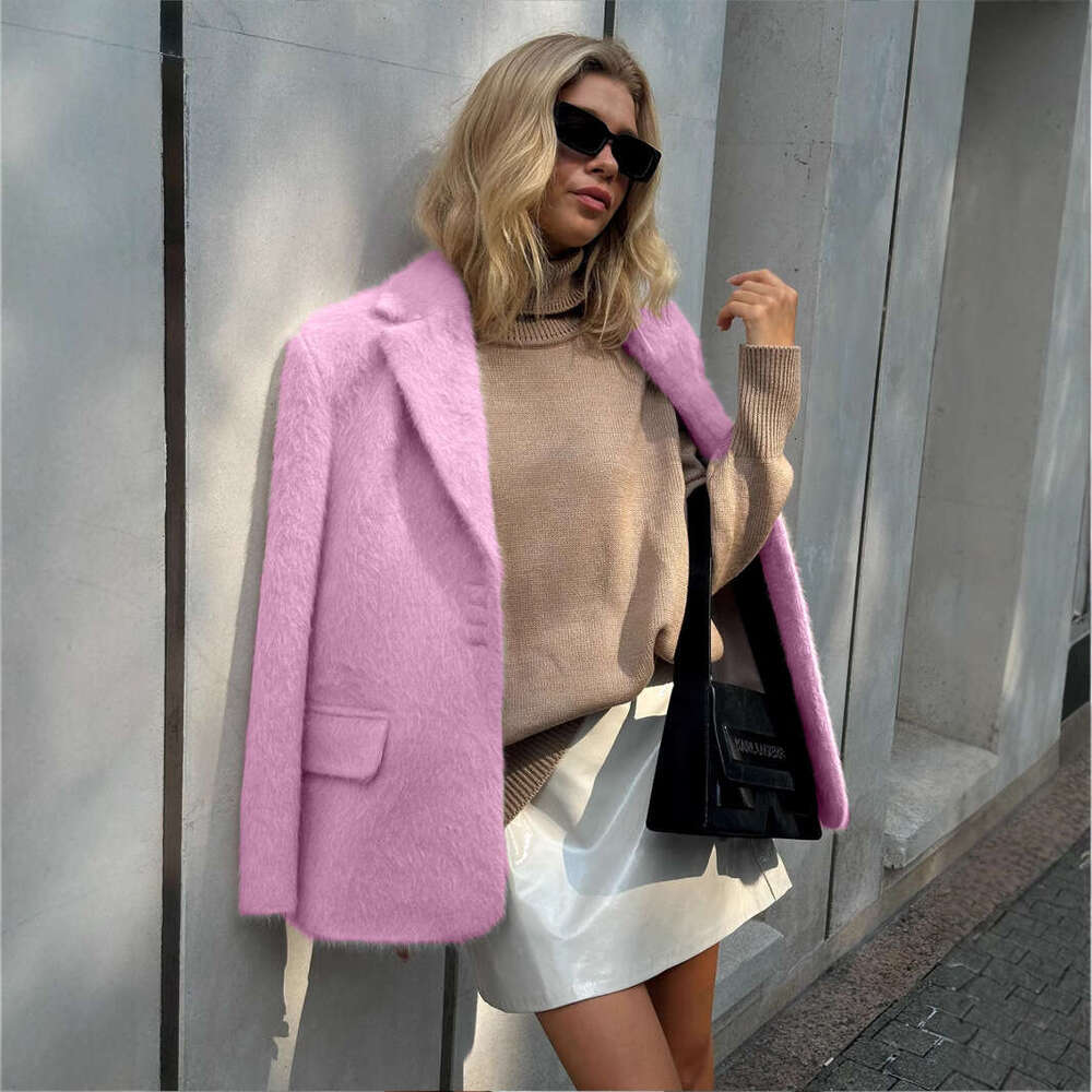 Socialite Style Loose Turn-Down Collar Plush Coat Autumn Winter INS Long Sleeve Overcoat For Women B5