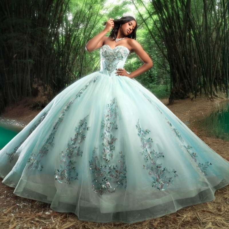 Water Blue Shiny Quinceanera Dresses Ball Gown Off The Shoulder Sequin Applique Lace Beading Crystal Tull Corset Party Birthday Sweet 16 Dress Vestido