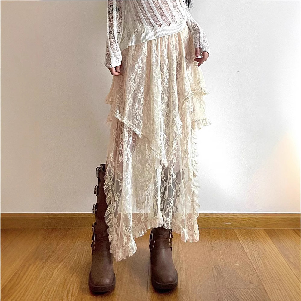 2025 French Style Elegant Apricot Lace Half Skirt Winter Irregular Inner Wear Long Elastic High Waist
