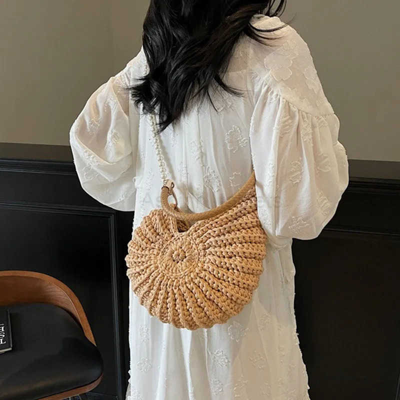Summer Ocean Conch Shell Crochet Bags Handwoven Pearl Accent Shoulder Bag Cute Small Beachy Purse Womens Boho Crossbody Handbag M250716