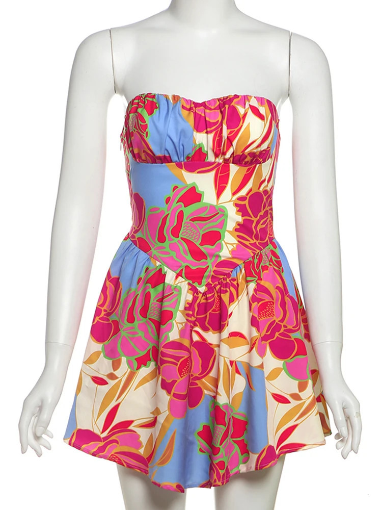Weird Puss Colorful Print Strapless Dress Women Sexy Off Shoulder Backless Ruched Ruffles Vacation Y2K Sweet Style Mini Bodycon 250715