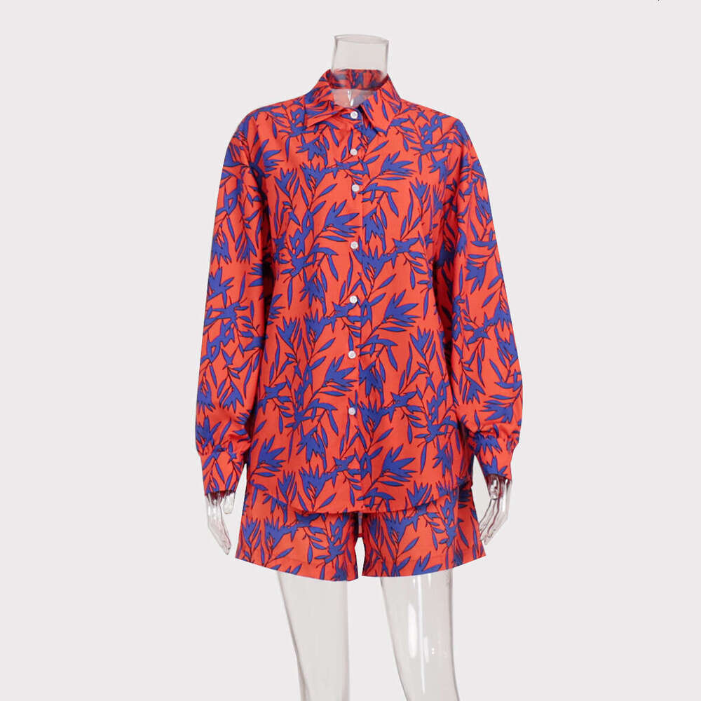 Summer Fashion Casual Orange Bamboo Leaf Printed Shirt Shorts Set B5