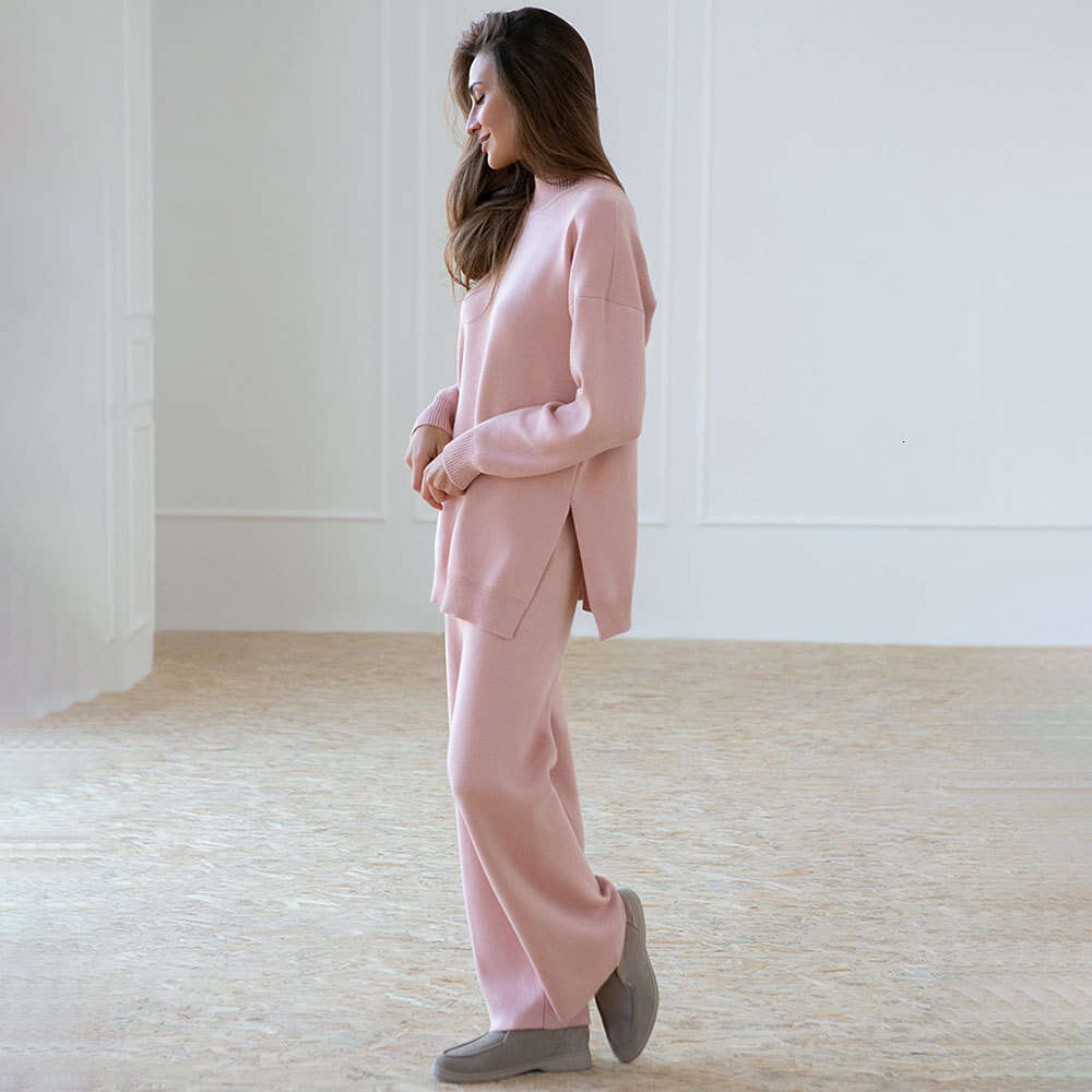 Solid Color Knitted High Neck Slit Women's Fashion Casual Lazy Sweater Set For Autumn And Winter B5