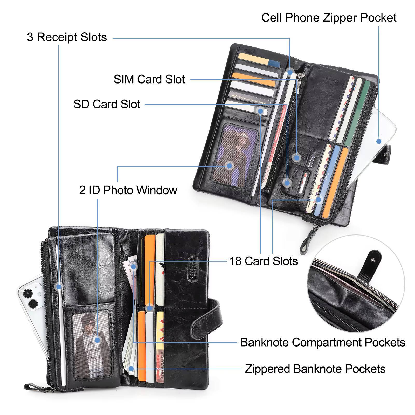 CONTACTS Genuine Leather Mens Long Wallet With Phone Bag Zipper Coin Pocket Purse Male Clutch Wallets For Men Portfel Small ddmynov