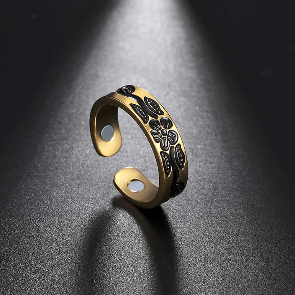 Teamer Magnetic Slimming Ring Adjustable Gold Plated Stainless Steel Rings for Men Women Flower Jewelry Valentines Day Gifts S250716