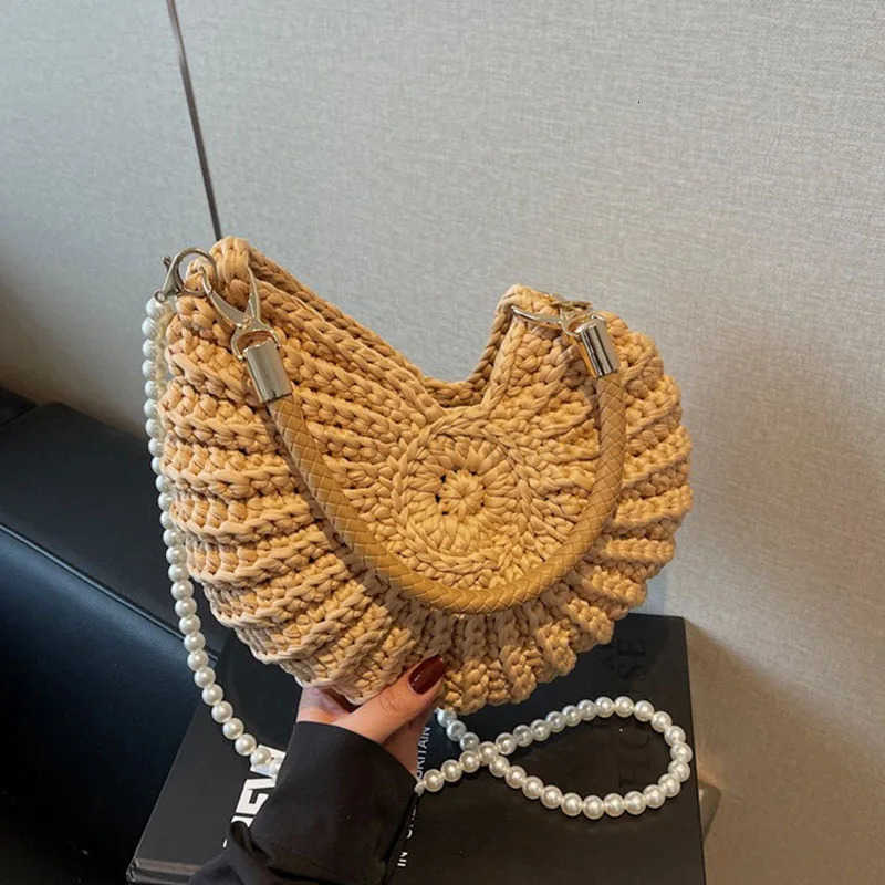 Summer Ocean Conch Shell Crochet Bags Handwoven Pearl Accent Shoulder Bag Cute Small Beachy Purse Womens Boho Crossbody Handbag M250716