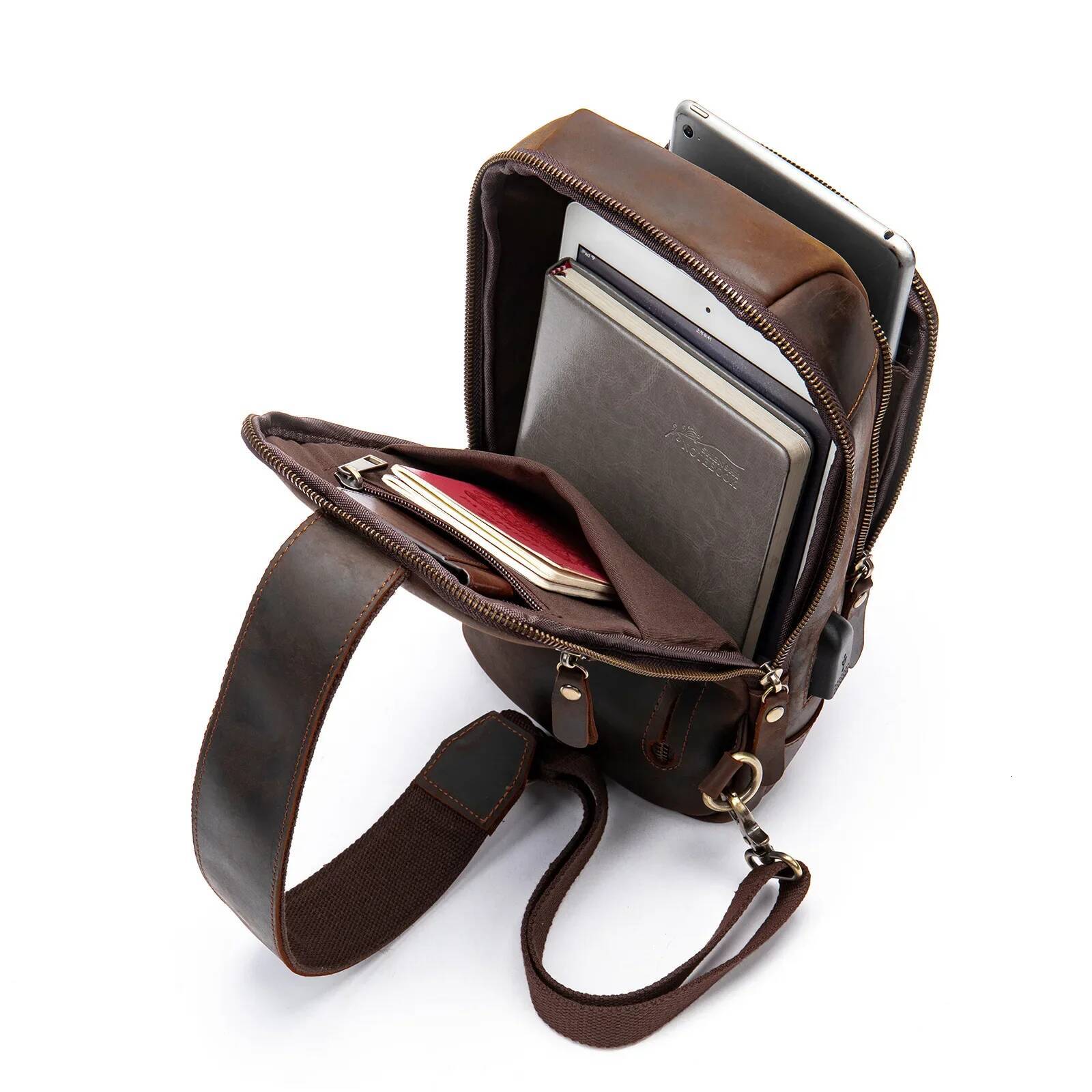 Original New Men's Genuine Leather Commuter Backpack Casual Versatile Canvas Motorcycle Bags Single Shoulder Slant Cross Messeng