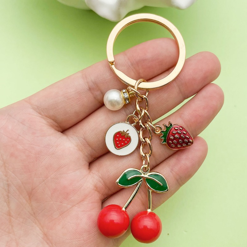 Versatile Key Ring with Sparkling Cherry Design - Stylish Pearled Ornamentation