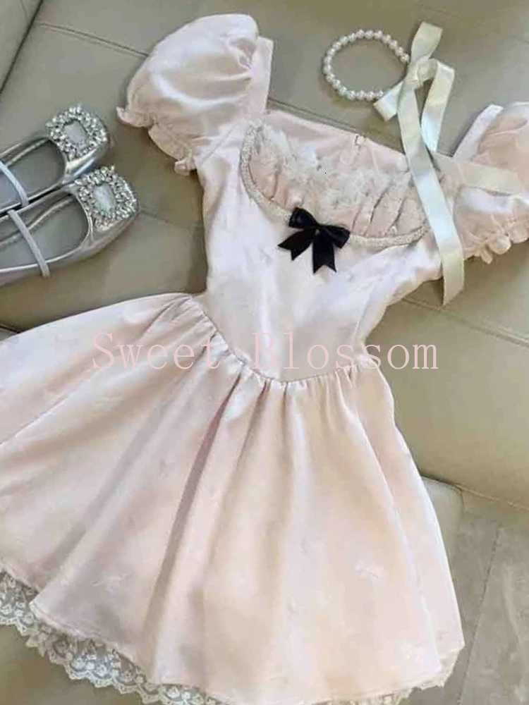 Korean Sweet Pink Bow Bubble Sleeve Dress Women New Fashion Fit Chic Party Fairy Fluffy Dresses Summer Harajuku Y2k Slim Clothes R250716