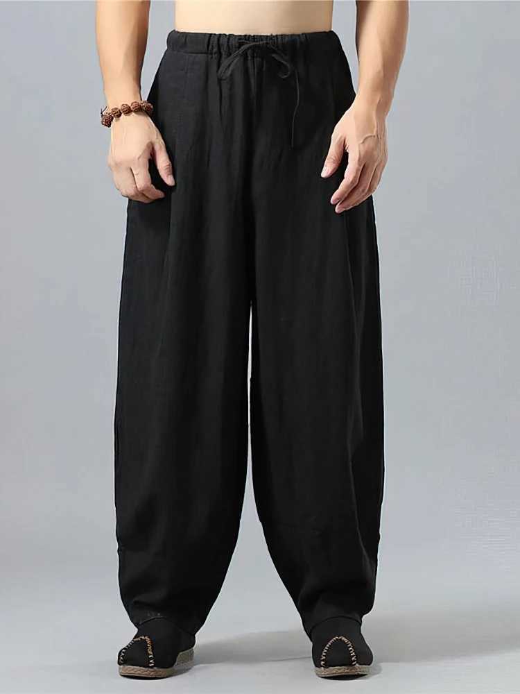 Baggy Cotton Linen Pants Men Casual Wide Leg Oversize Jogger Linen Trousers Old Money Vintage Drawstring Sweatpants Male 2025 y250716