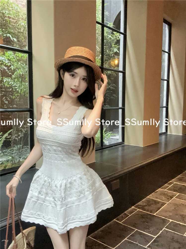 French Elegant Lace White Slip Dress Women 2025 Summer Knit Sweet Vest Mini Dresses Korean Chic Sleeveless Casual One-Piece Dress R250716
