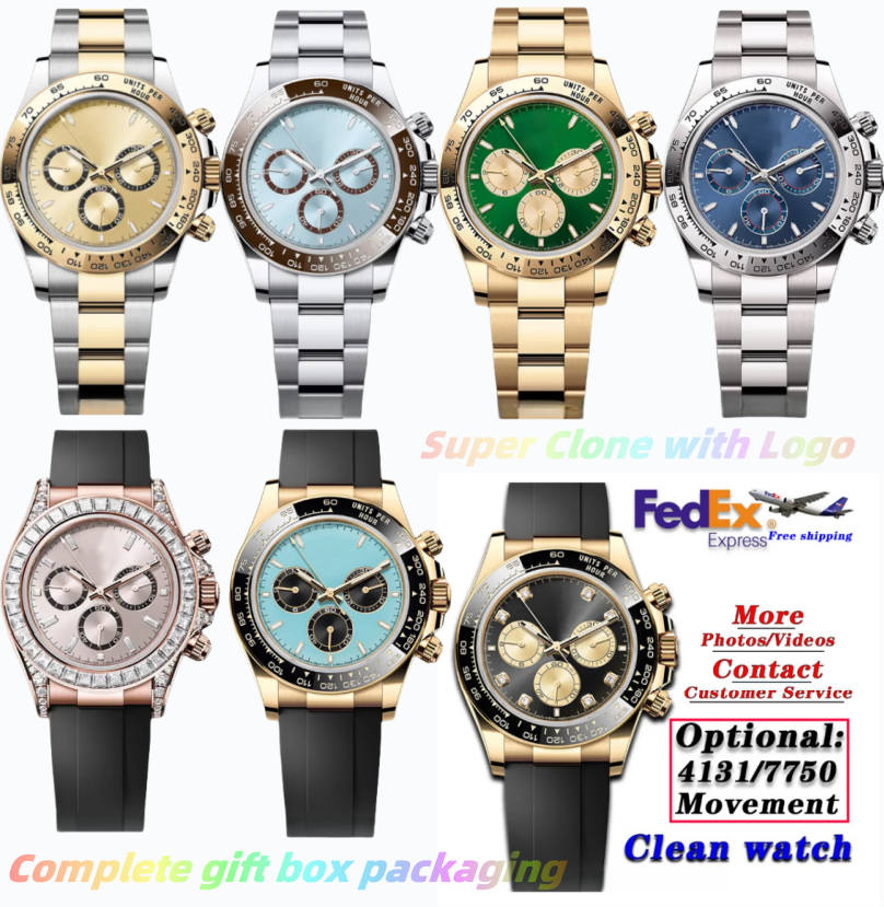 Men's Designer High Quality Super Clone Factory Watch 40mm Automatic Chronograph Cal 4131/7750 Movement Sapphire Mirror Luminous Diving 100m