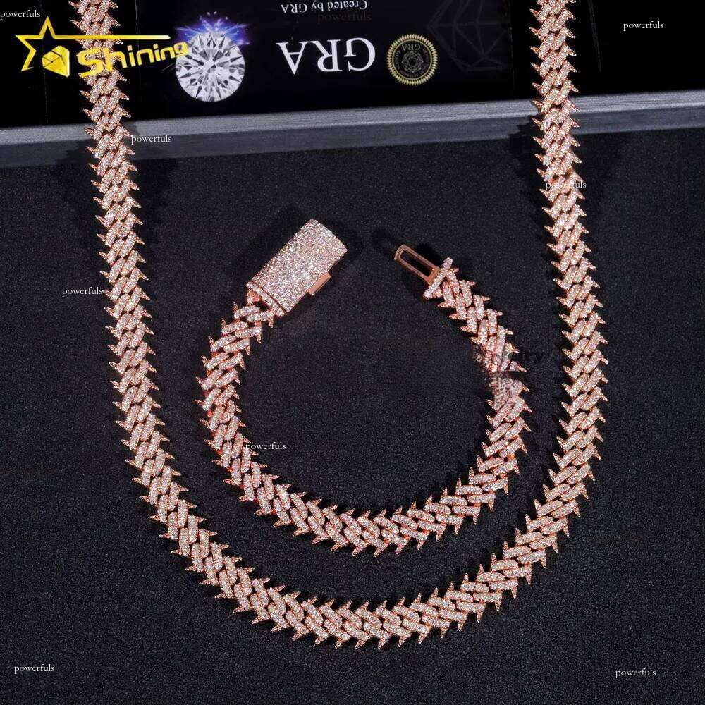 Hot Sale Soild Sier Rose Gold Plated Hip Hop Necklace 10MM VVS Moissanite Dia Spike Cuban k Chain