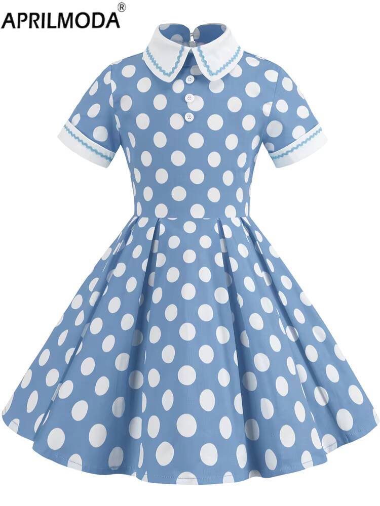 Hepburn Style 50s Vintage Childs Casual Dot Print Cosplay Costume Party Little Girls Midi 60s Elegant Pleated Dress dongdumaoyi