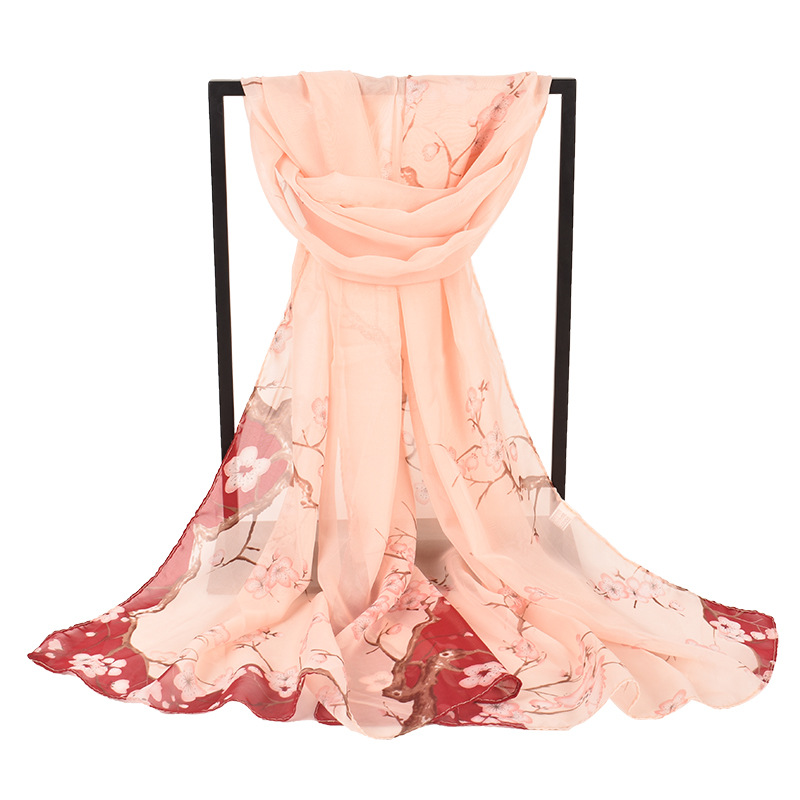 K1366 New fashion fresh peach pattern printing thin small gauze chiffon scarf breathable scarf wholesale