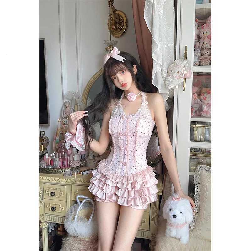 Mekst Lolita Pink 2 Piece Sets Women Outfit Japanese Kawaii Bow Lace Halter Crop Tops Summer Y2K Cute Fashion Ruffles Mini Skirt R250716