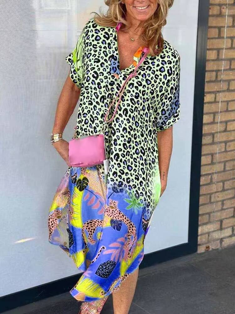 Summer New Womens V-neck Printed Loose Dress Fashion Elegant Holiday Casual Dresses Female Beach Party Vestidos dongdumaoyi