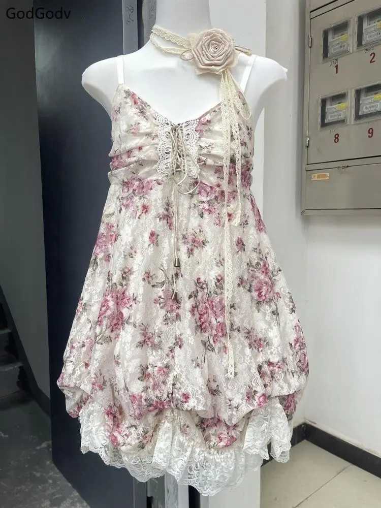 2025 Summer Y2k Womens Dress Female Floral Lace Vintage Fairy Sleeveless High Waist Elegant French Sweet One-Piece Dress Party R250716
