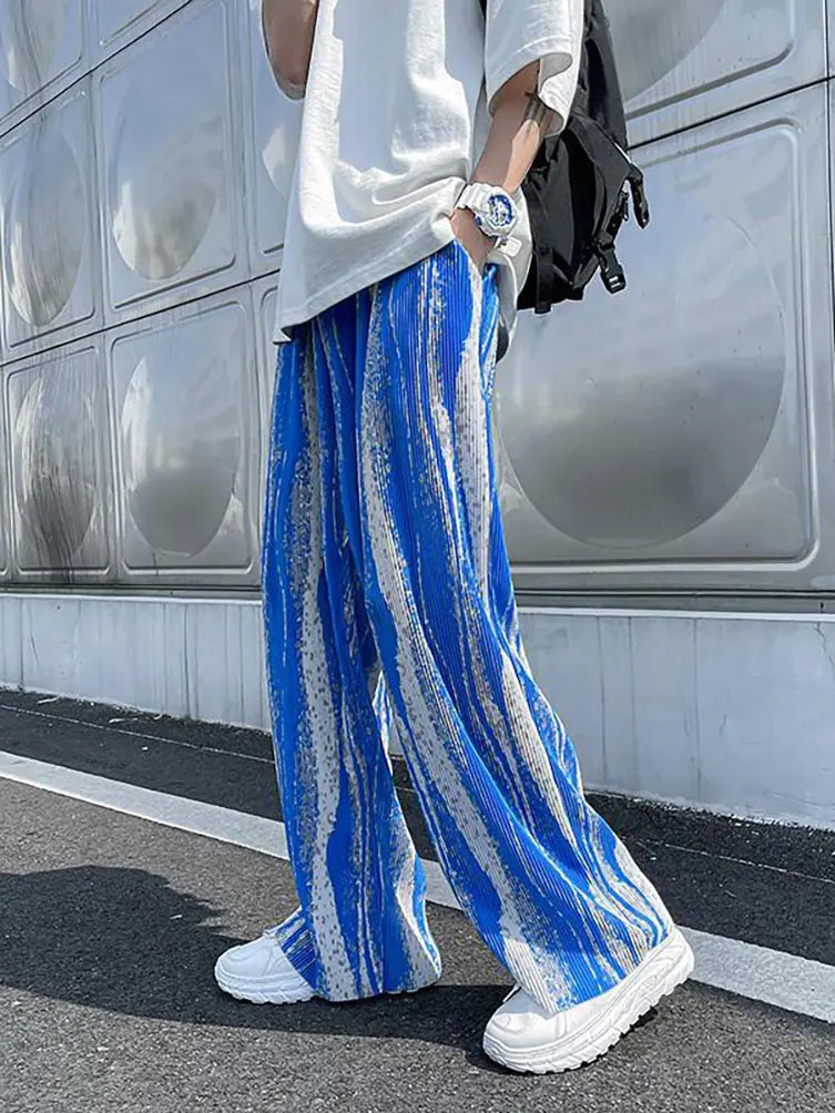 Streetwear Tie-Dye Ice Silk Summer Baggy Wide Leg Oversize Pants Men Japenese Harajuku Straight Long Trousers Korean 250715