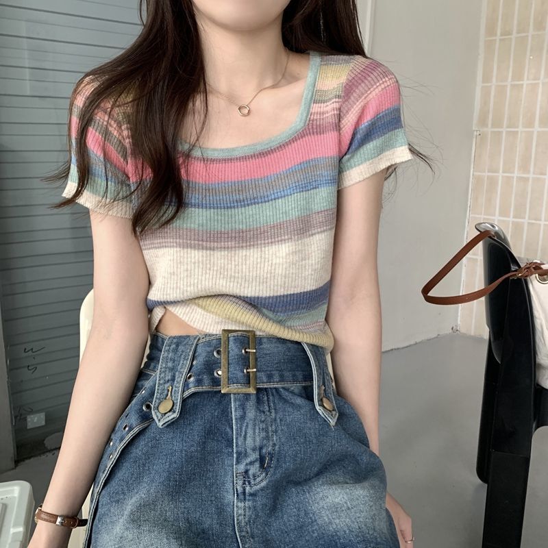 Summer New Women S T Shirt Rainbow Striped Square Neck Regular Shoulder Knit Short Sleeve For Thin Design Sense Pure Desire Sweet Spicy Top Ins Design