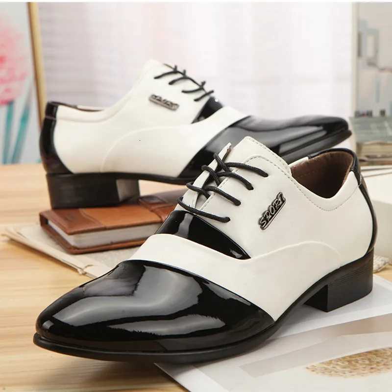 New Black Leather Low Top Soft Men Dress Shoes Solid Color Men Premium Patent Leather Shoes White Wedding Shoes Size 38-44 Y250715