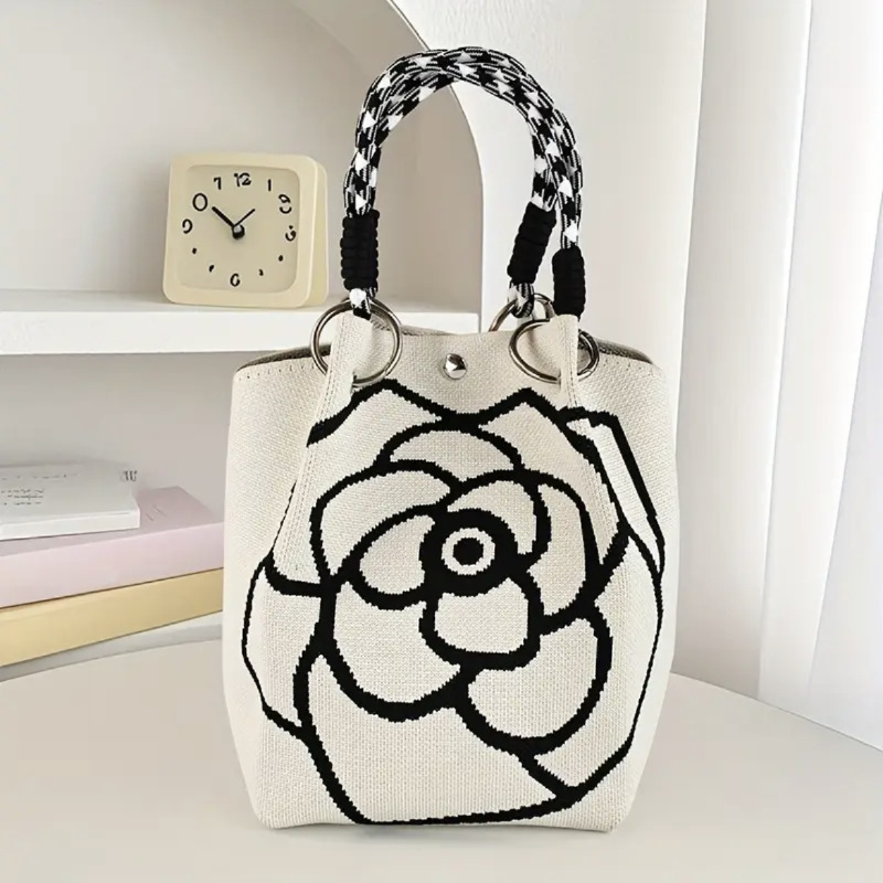 Designer Camellia Flower Large Capacity Knitted Bucket Versatile Casual Tote Handbag Light Women's Bag