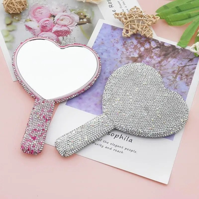 Diamond Handheld Makeup Mirror Female Handle Love Heart Mirrors Beauty Tools Rhinestone Heart-shaped Cosmetic Mirror w156 250715