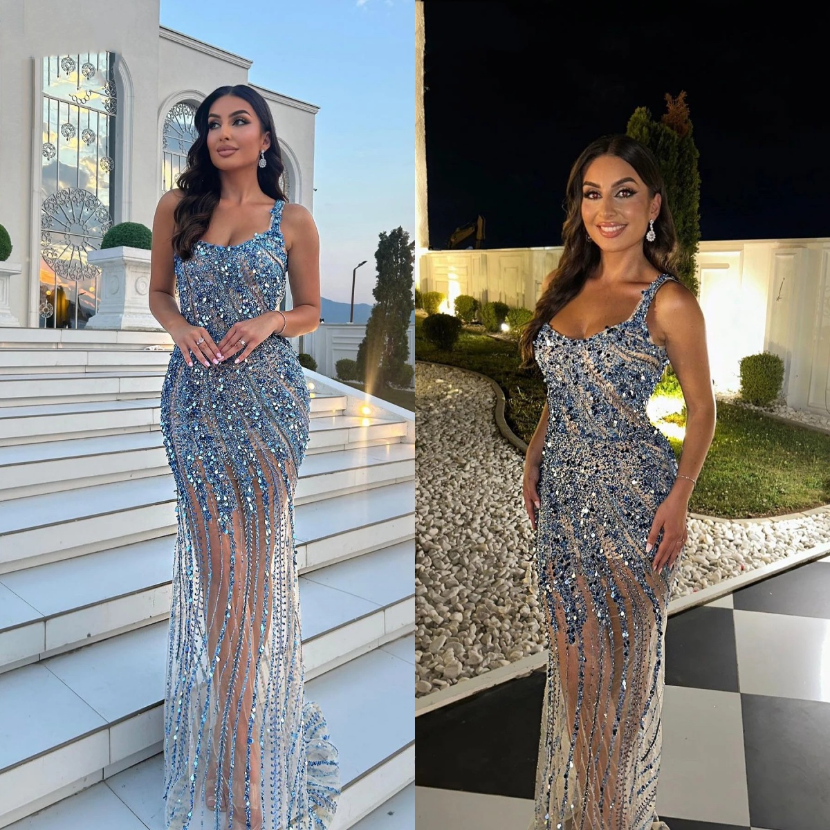 Sparkly Mermaid Women Evening Dresses Jewel Neck Sleeveless Gown Sequins See Through Dress For Party Custom Made