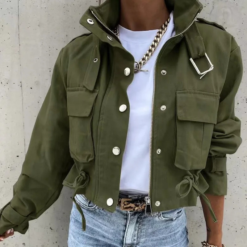 Autumn Winter Print Casual Jacket For Women Short Coats Long Sleeve Pockets Fashion Jackets Y2k High Street Style Coat Female 250715