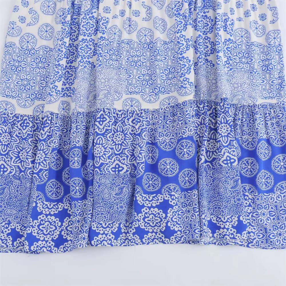 2024ZAR4 Summer New Womens European and American V-neck Layered Spliced Loose Skirt Printed Midi Dress dongdumaoyi