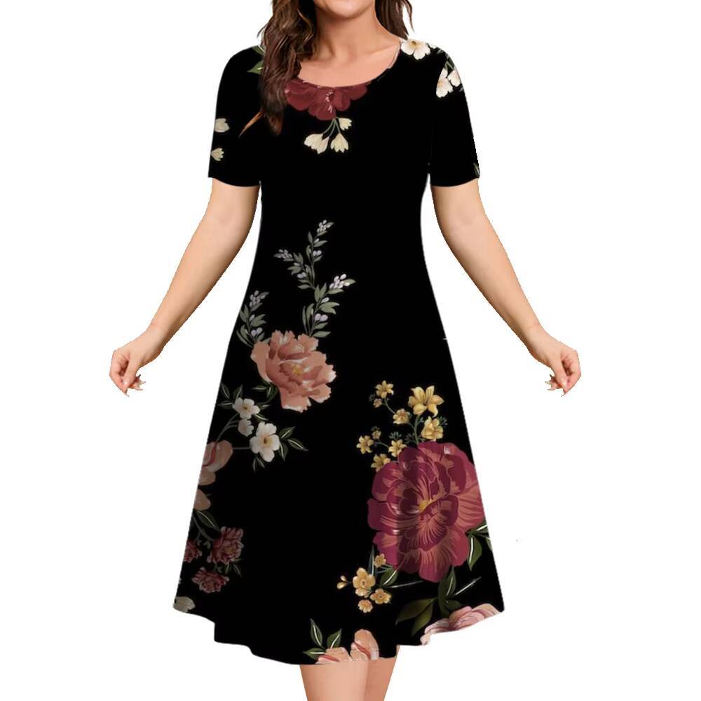 2024 New Floral Graphic Print Womens Elegant Midi Summer Dresses Plus Size Female Fashion Free Shipping dongdumaoyi