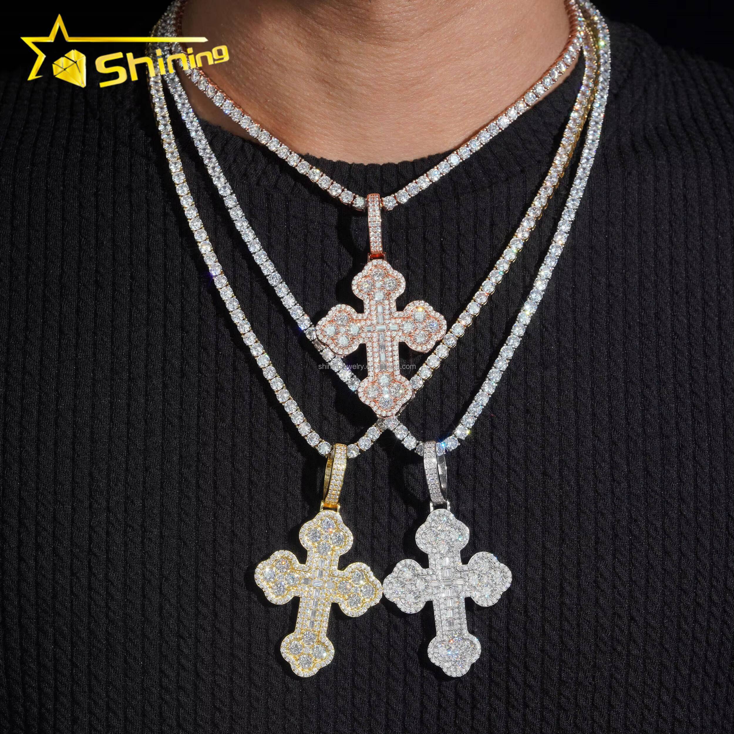 GRA Certificate New Arrivals Bulk Stock Hip Hop Stylish Man VVS1 Moissanite Baguette Diamond S925 Silver Iced Out Cross Pendant