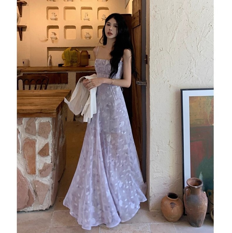 2025 French Style Purple Floral Strap Dress for Women Summer Chic Beautiful Beach Photo Vacation Mid-Length