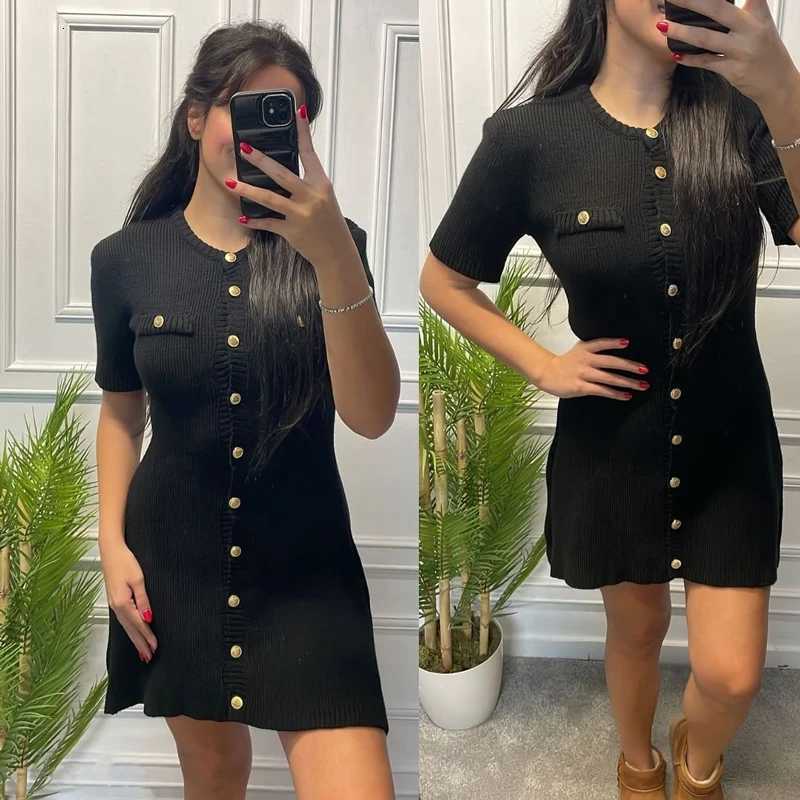 White Elegant Knitted Mini Dress For Women Metal Button Sexy Slim Rib Sweater Dress Holiday Party Outfits Autumn 2024 New R250716