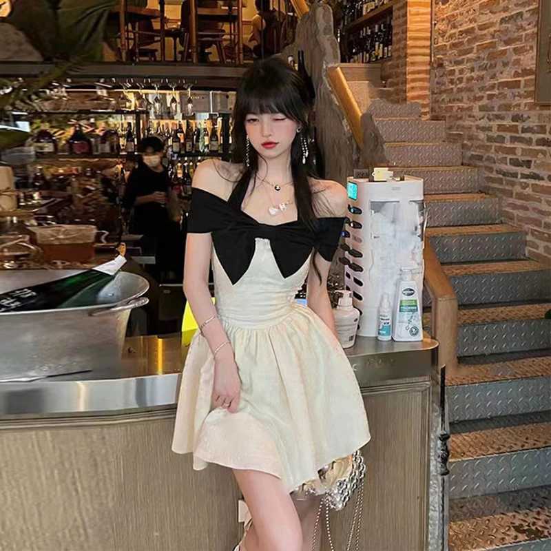 MEXZT Elegant Bow Mini Dress Women Fashion Party Sexy Slash Neck Dresses Summer Fairy Korean Halter Bodycon A Line Dresses New R250716