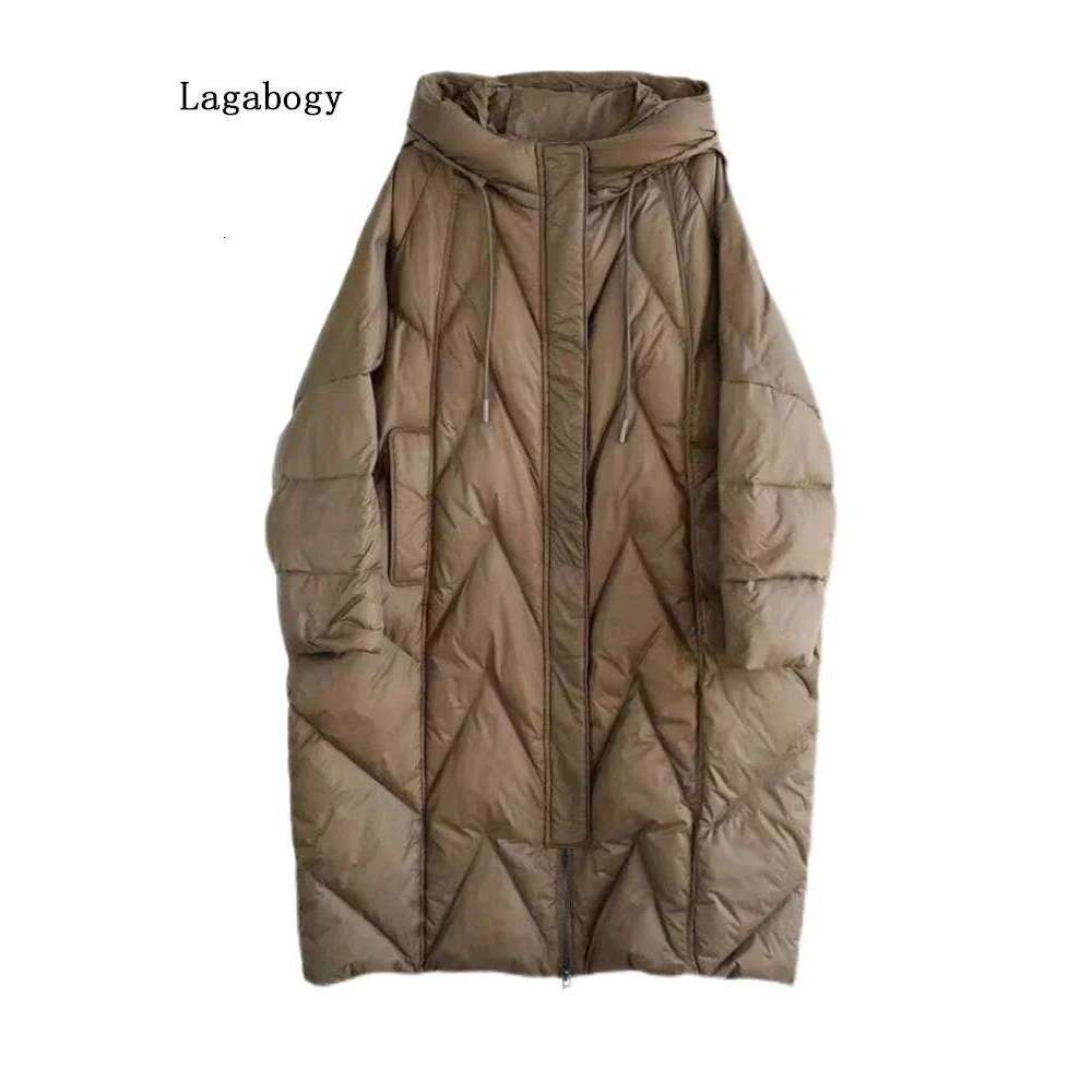 Lagabogy 2025 New Women 90% White Duck Down Long Jacket With Hooded Casual Loose Thick Parkas Female Winter Warm Windproof Coat