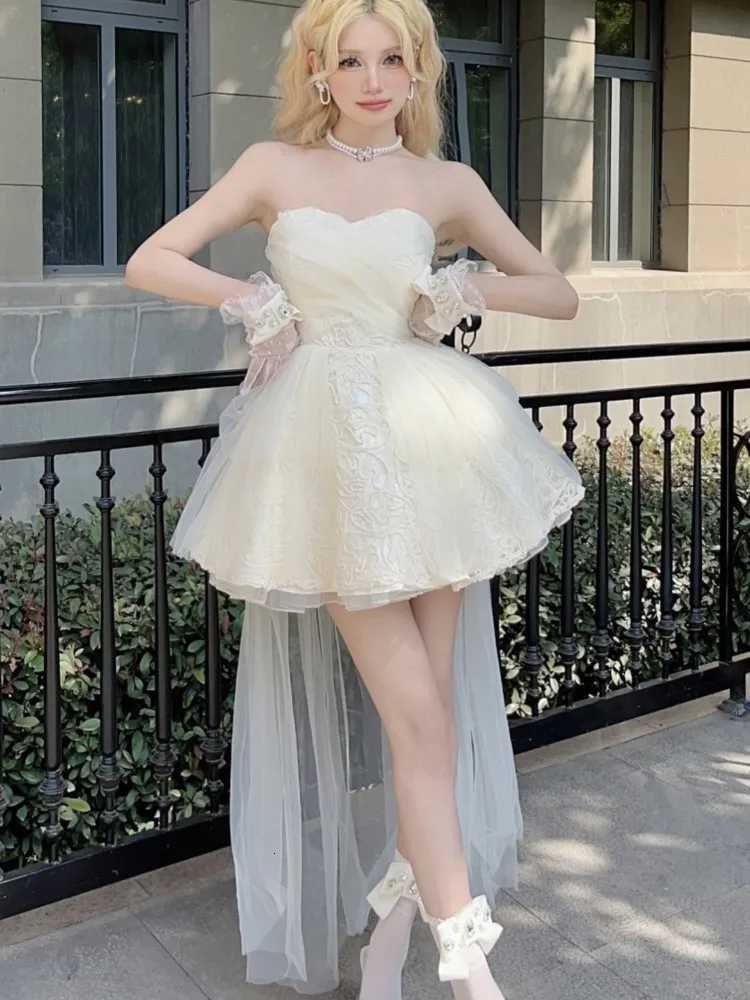 Fashion Elegant Sweet Strapless Dresses For Womens Summer New Slim Waist A-line Dress Y2k Mesh Patchwork Fairycore Vestidos R250716