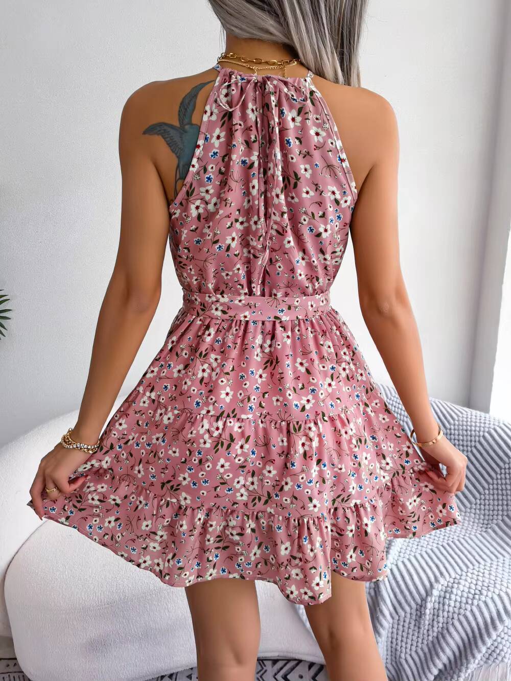 2023 New Casual O-neck Sleeveless Mini Short Sundress Dresses For Women Summer Lace Up Sexy Floral Print Halter Ruffles Vestidos dongdumaoyi