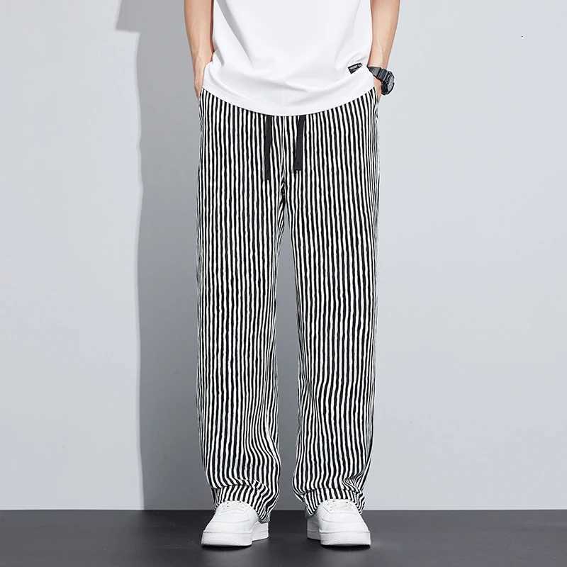 Spring Summer Stripe Casual Pants Men Wear Loose Straight Wide Leg Drawstring Elastic Waist Pants Jogger Trousers Men Streetwear y250716
